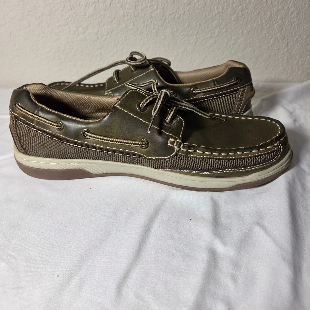 Margaritaville Mens Boat Shoes Olive Green Leather Textile Loafers Size 10 S1592